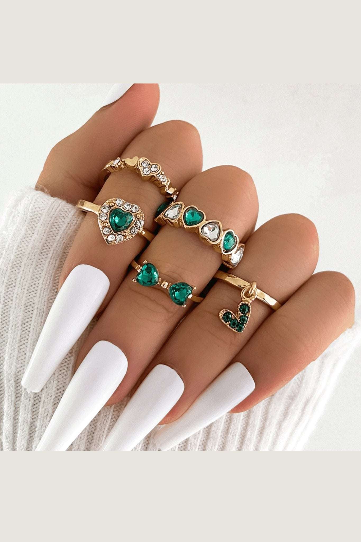 Emerald and Gold Bows and Lovehearts Ring Set (Set of 5) - Image 3