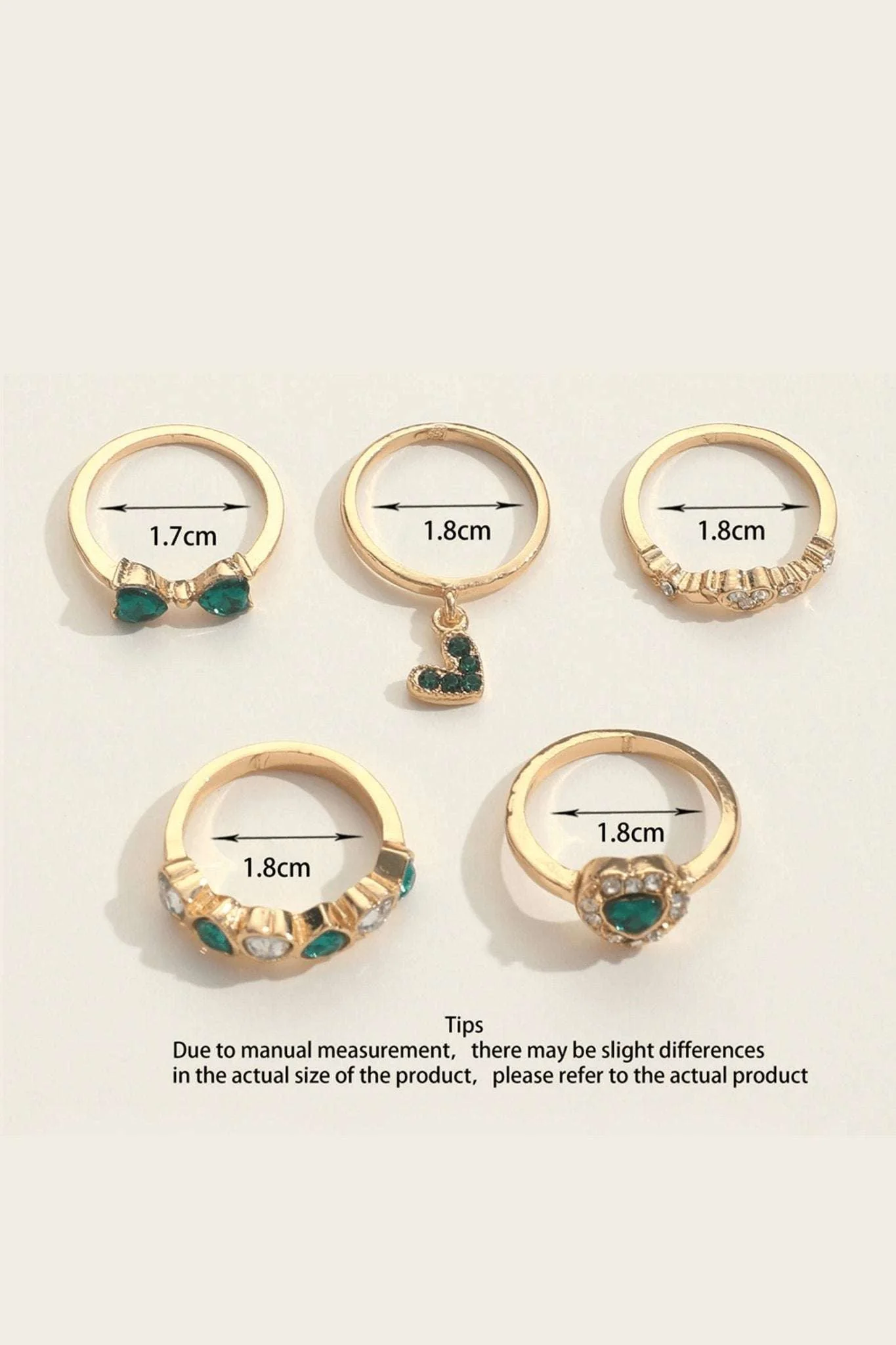 Emerald and Gold Bows and Lovehearts Ring Set (Set of 5) - Image 4