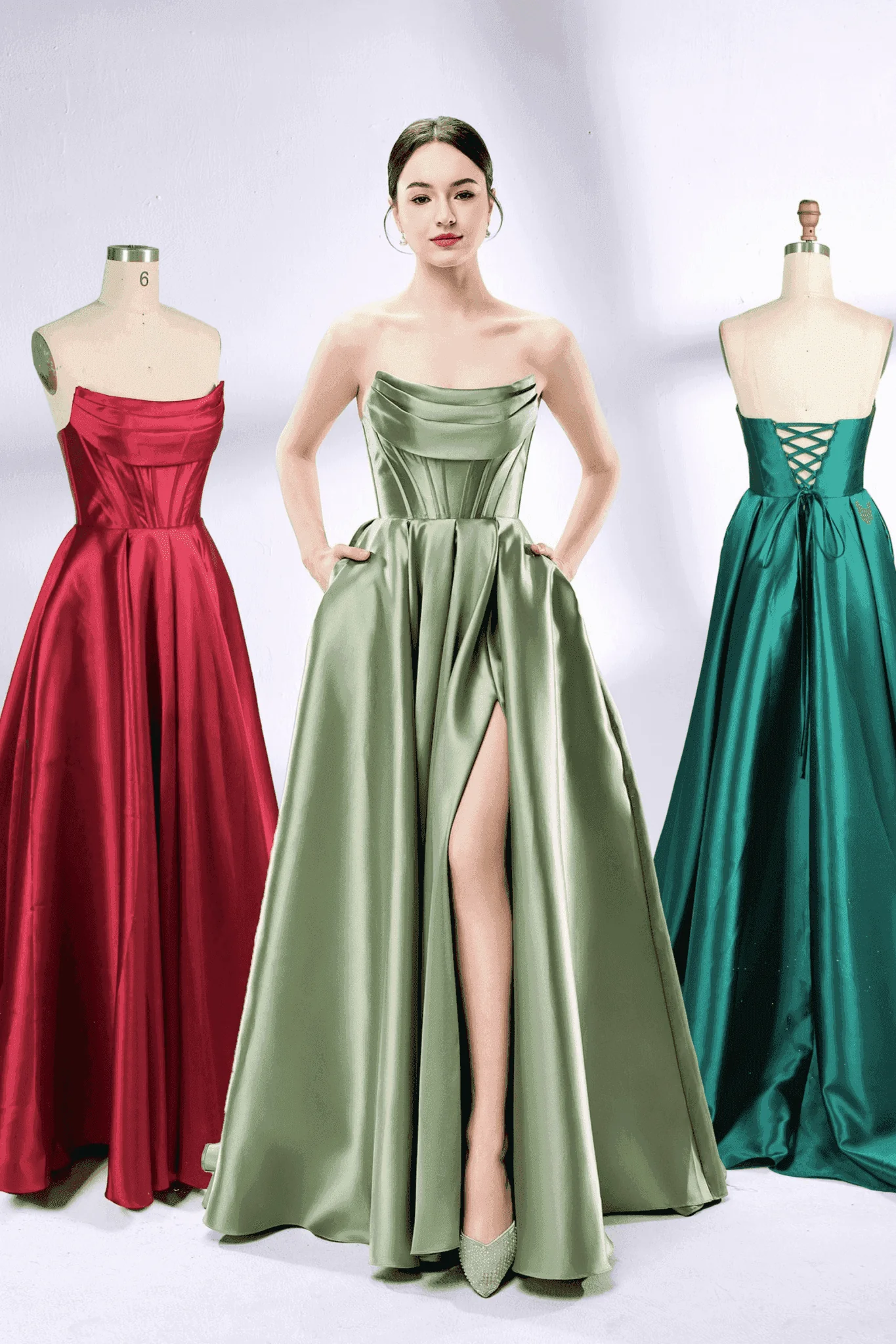 Carmen Wine Red Satin Ball Gown with Pockets - Image 8