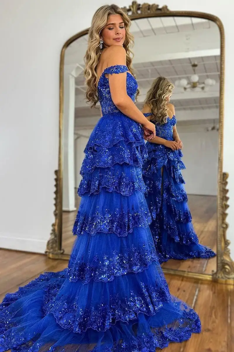 Chloe Royal Blue Glitter Off-the-Shoulder Prom Dress - Image 3