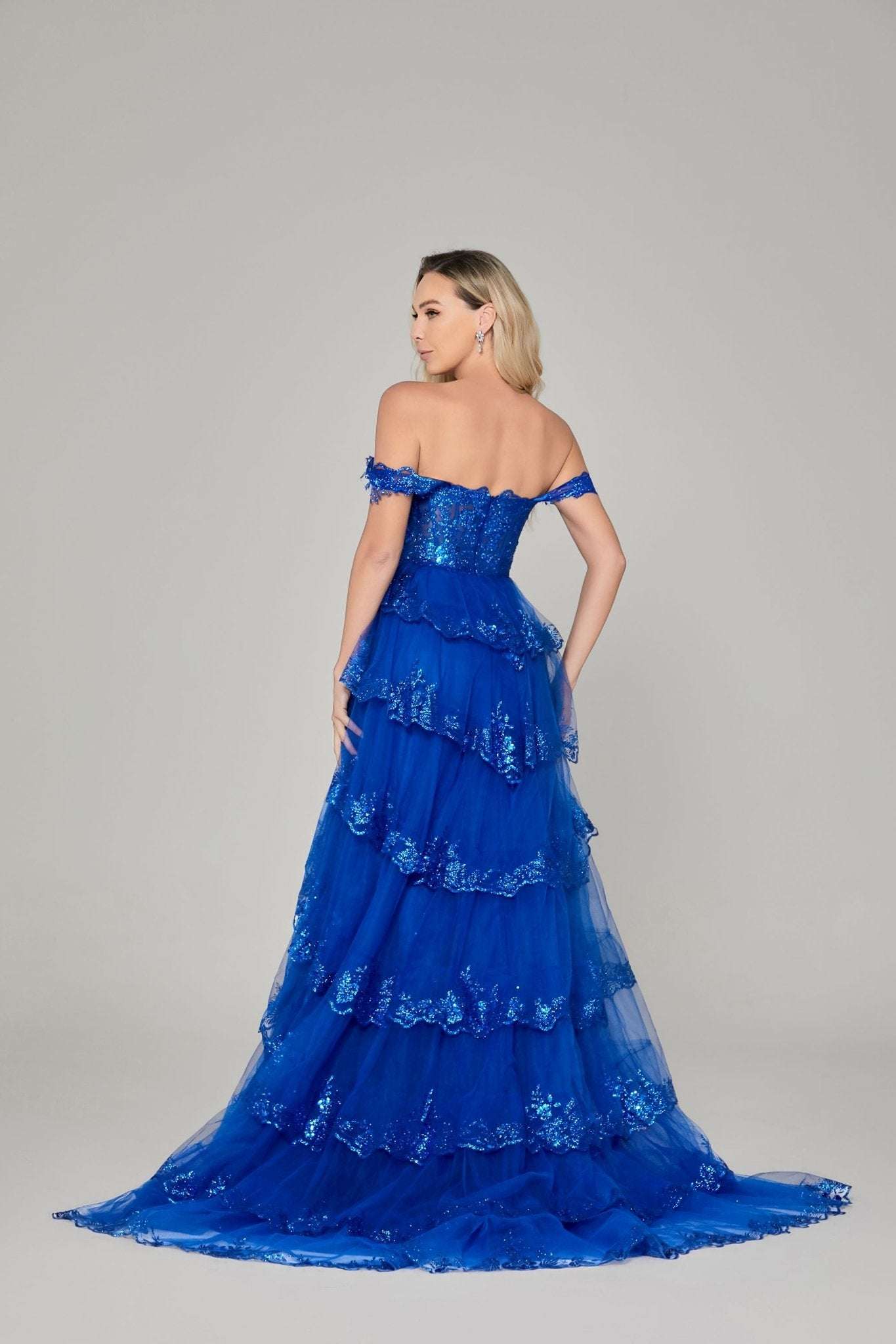 Chloe Royal Blue Glitter Off-the-Shoulder Prom Dress - Image 4