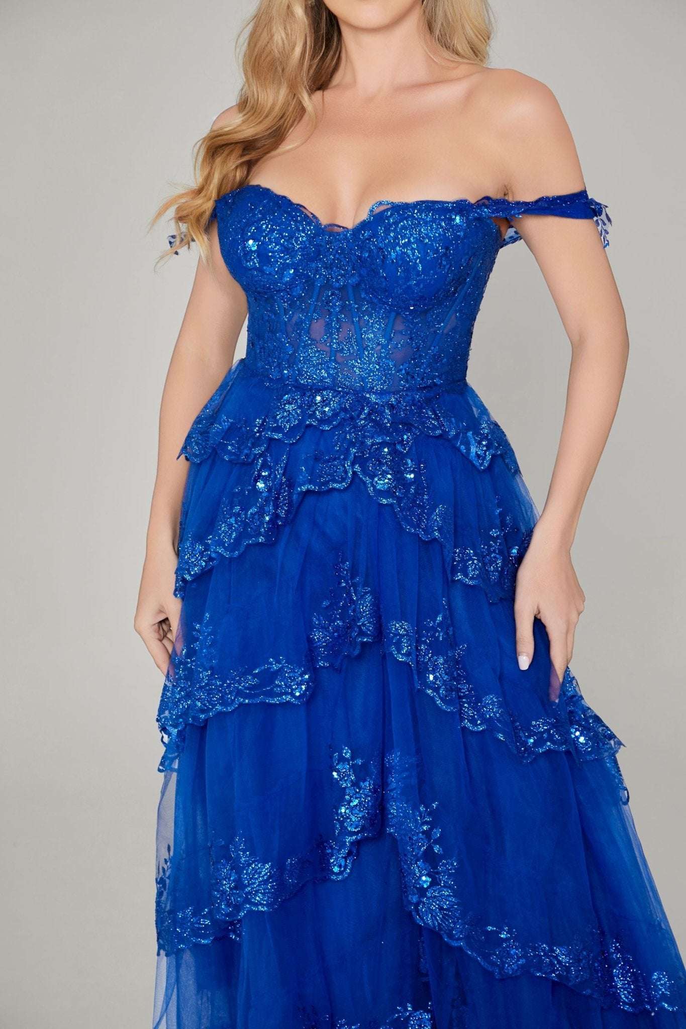 Chloe Royal Blue Glitter Off-the-Shoulder Prom Dress - Image 5