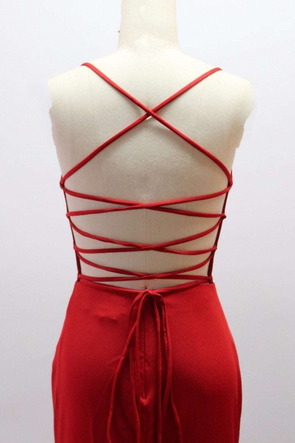 Red open lace up back dress QT011 - Image 3