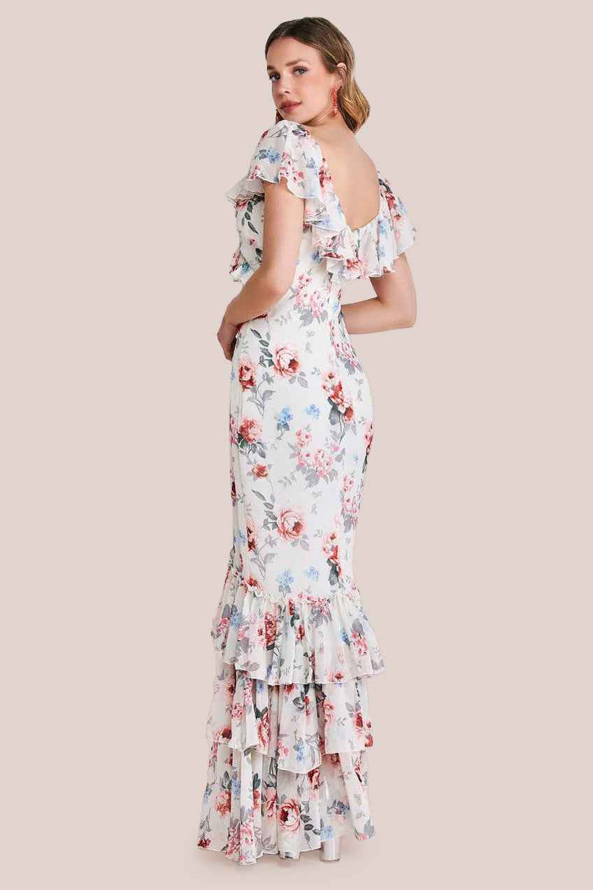 Goddiva Cream Floral Chiffon Ruffle Maxi Dress – Style DR3750 - Image 3