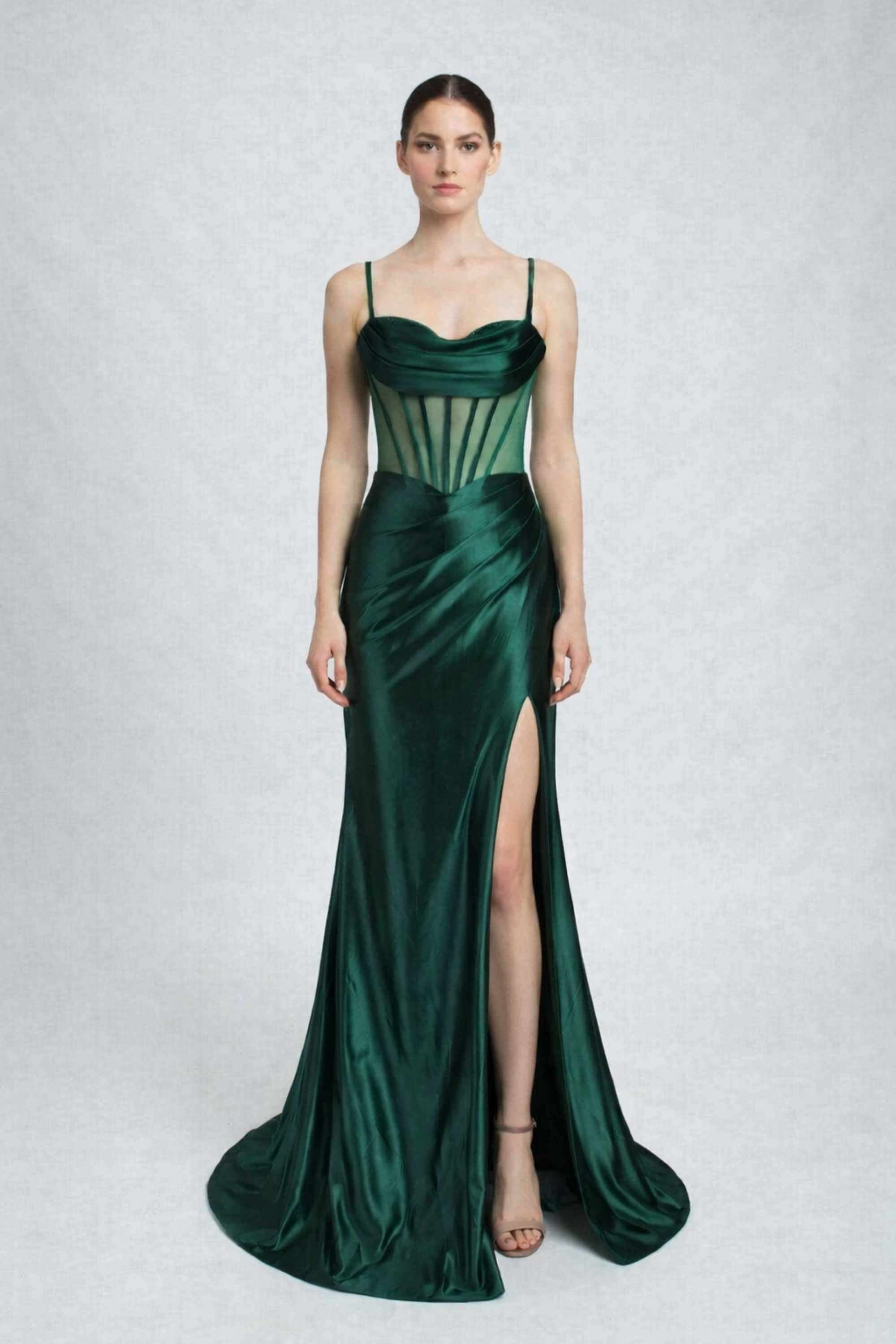 Forest Green ASHLEY Beaded Corset Dress with Mesh Panels - Image 3