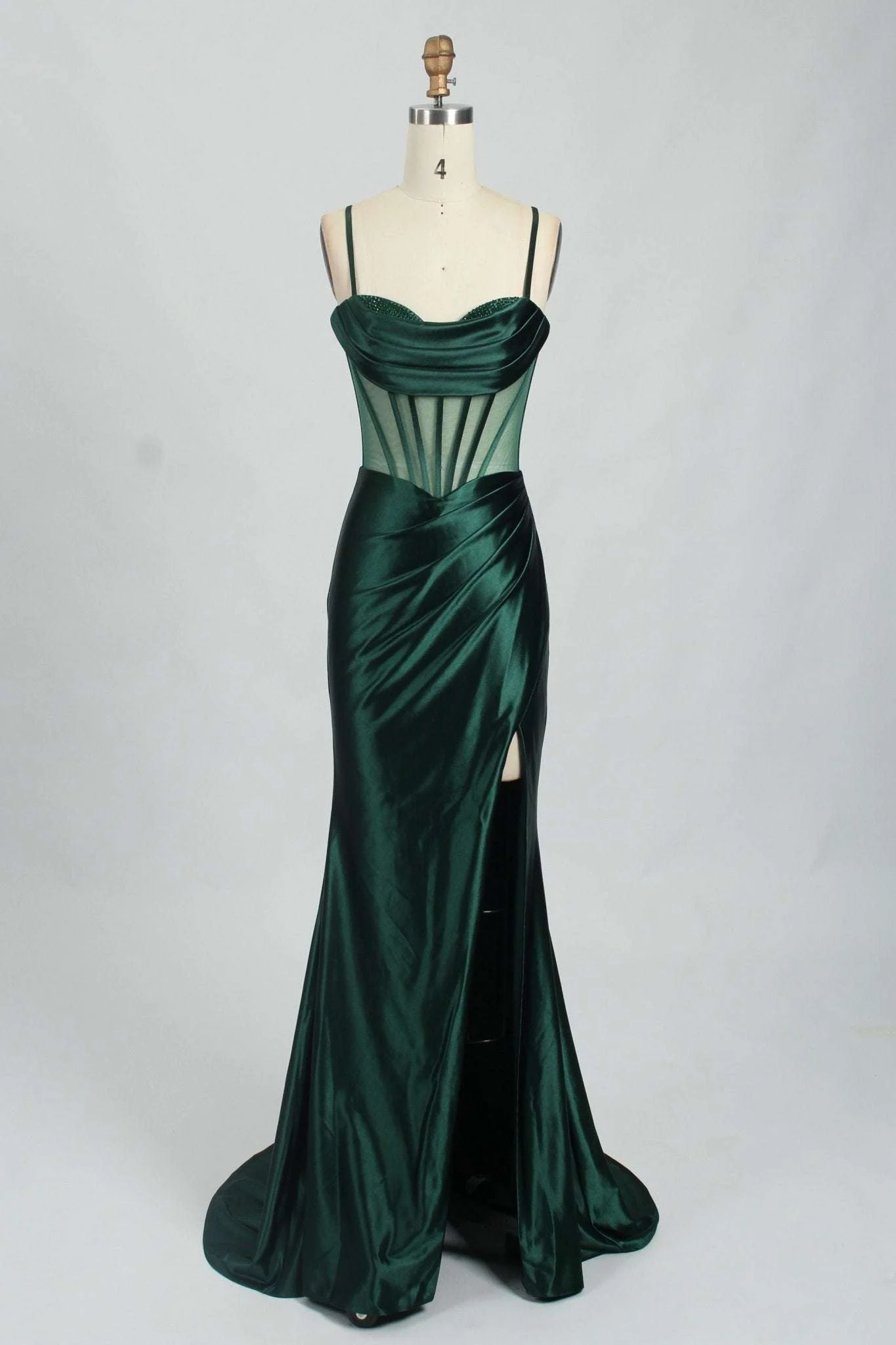 Forest Green ASHLEY Beaded Corset Dress with Mesh Panels - Image 4