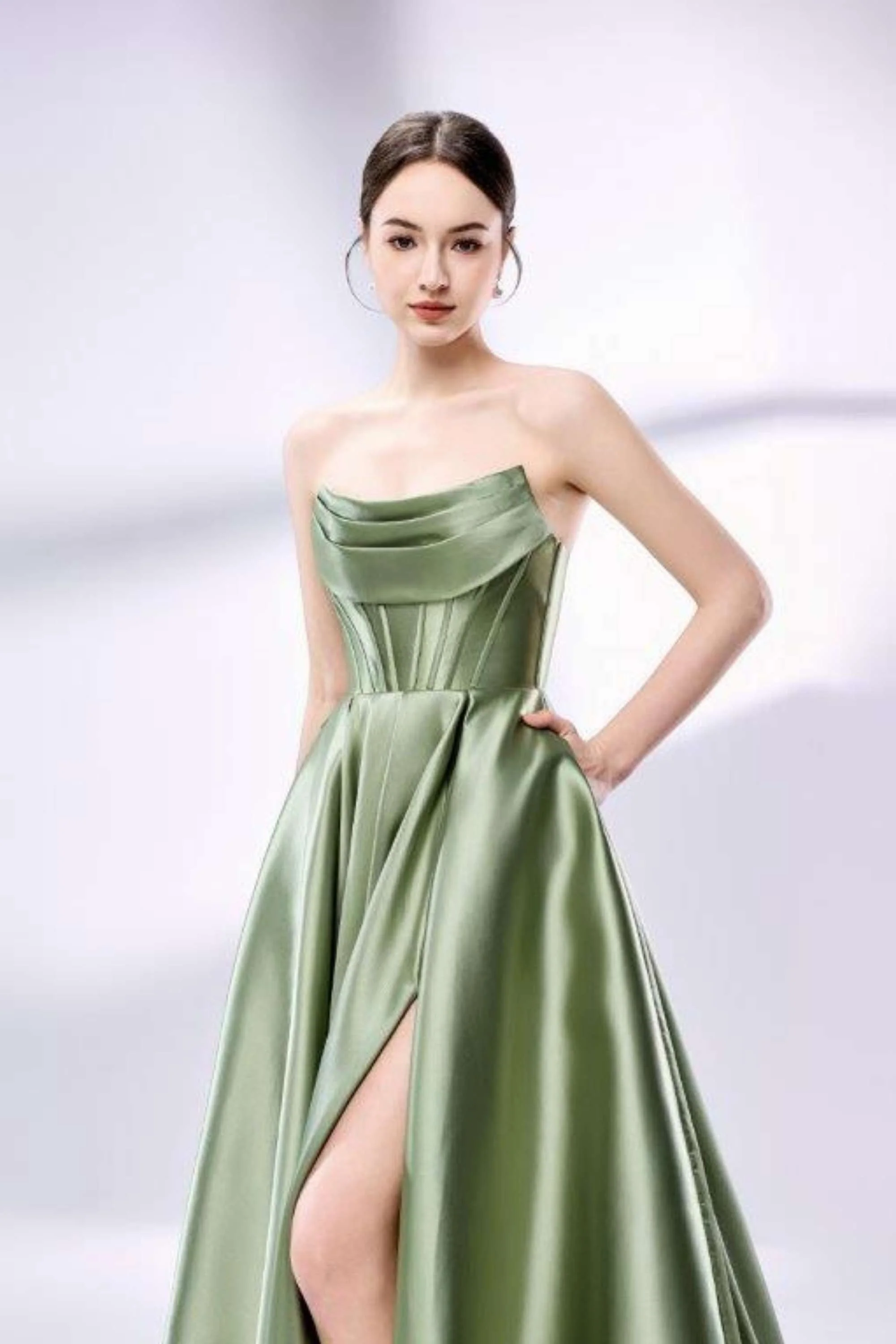 Jessica Stuart Carmen Sage Green Satin Ball Gown with Pockets