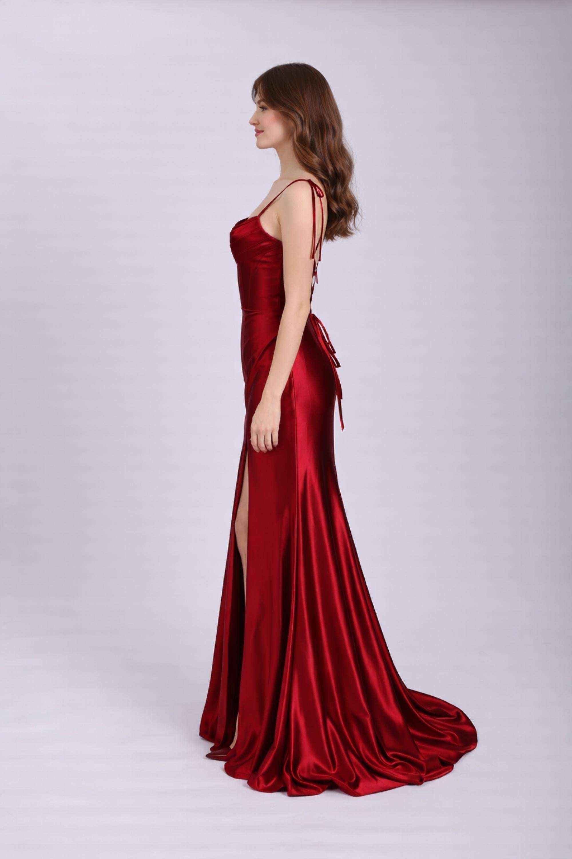 KELLIE Wine Corset Satin Prom Dress - Image 3