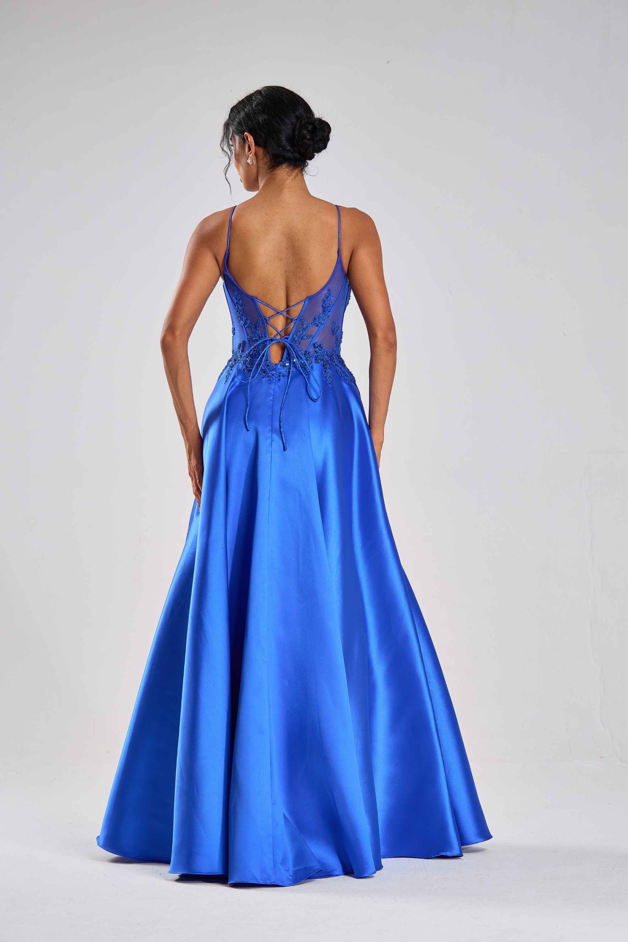 Portia Royal Blue Satin Ballgown by Jessica Stuart - Image 3