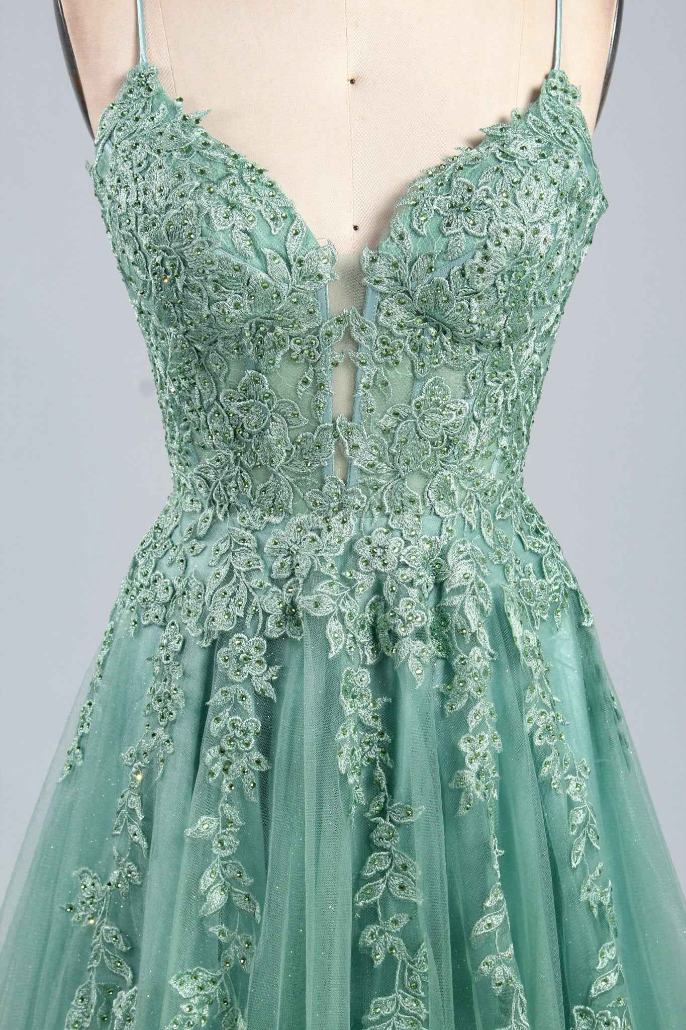 Joy Sage Green Floral Applique Tulle Ballgown - Image 6