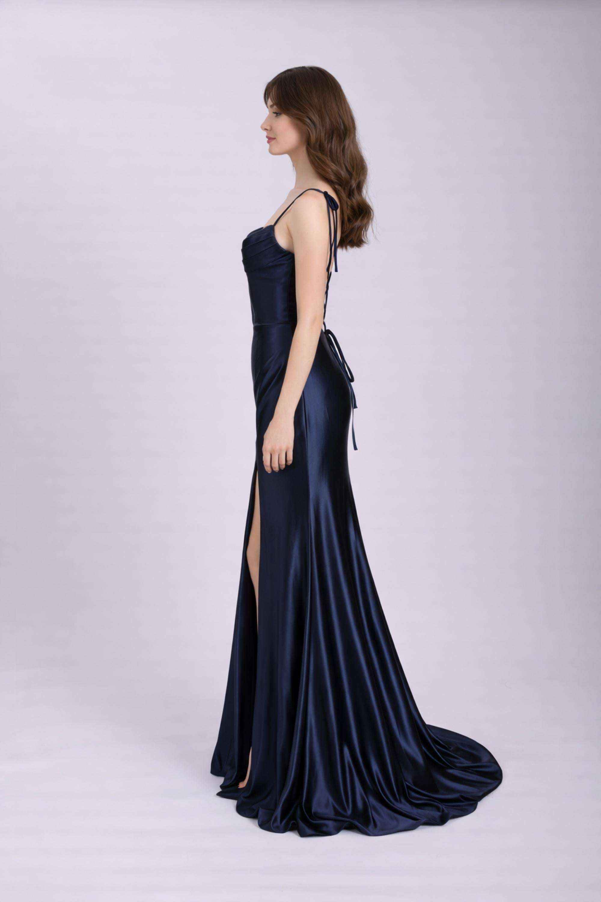KELLIE Navy Corset Satin Prom Dress - Image 3