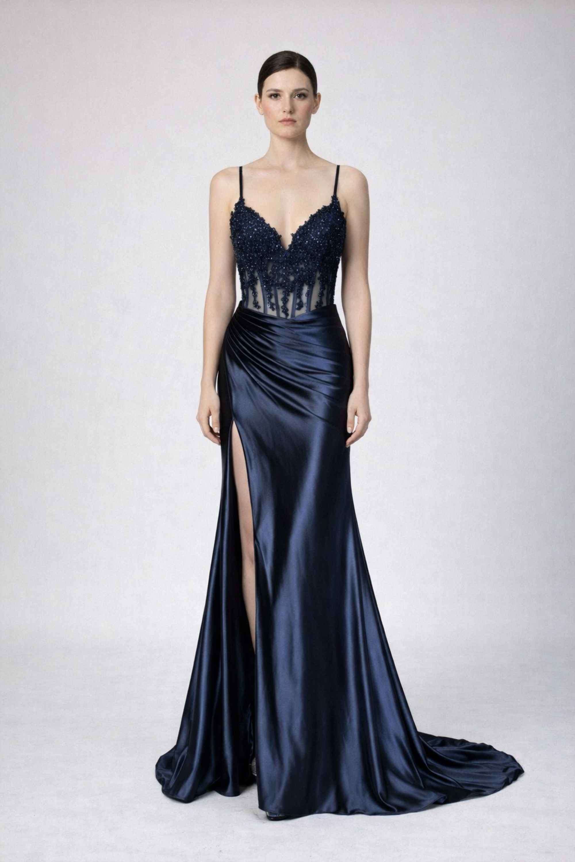 Blake Navy Corset Satin Prom Dress by Jessica Stuart