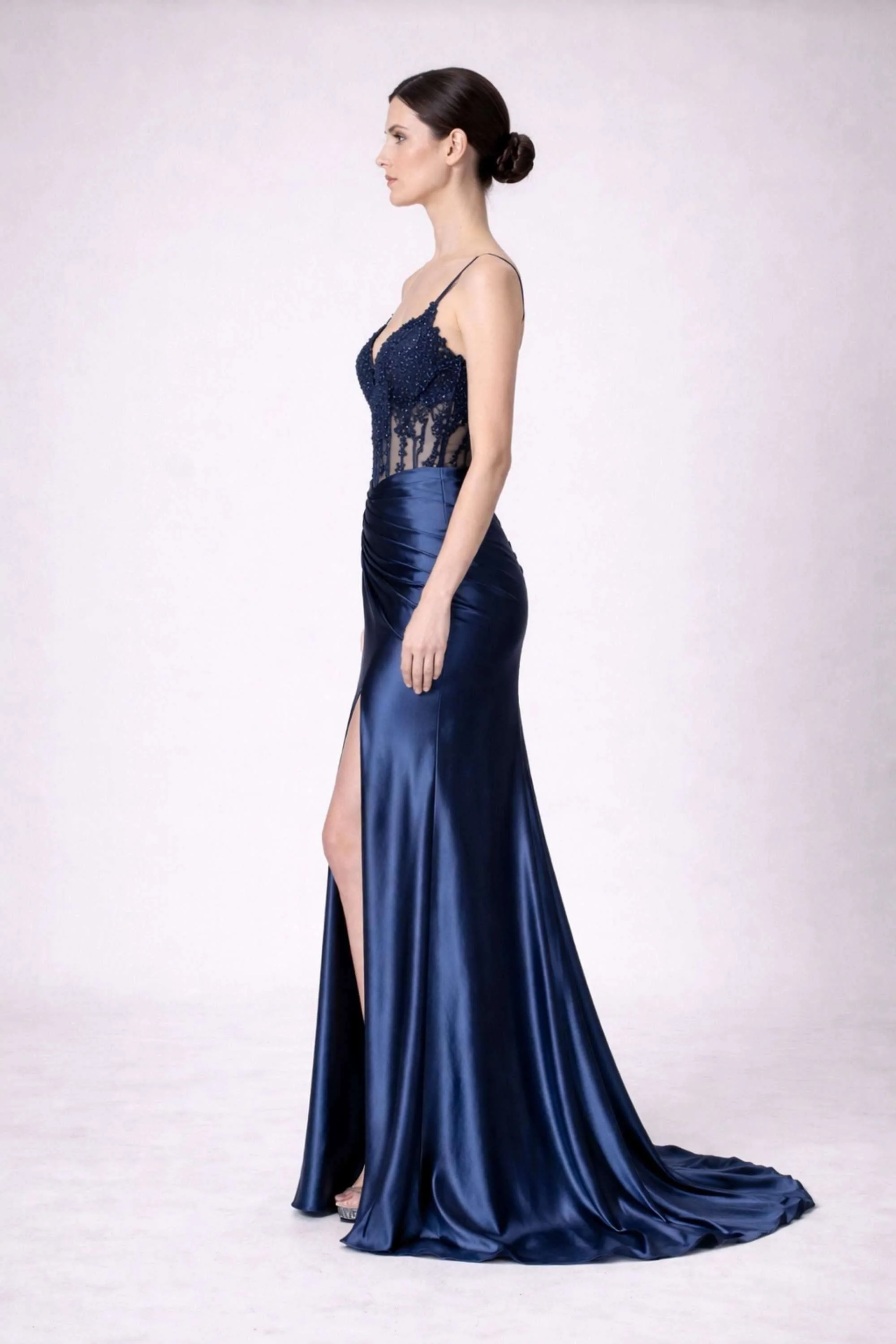 Blake Navy Corset Satin Prom Dress by Jessica Stuart - Image 3