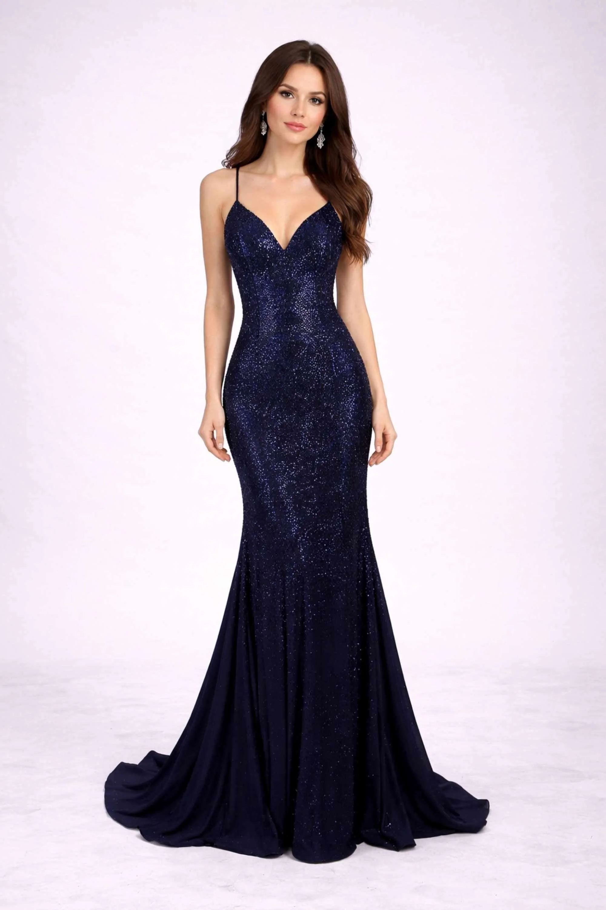 Poppy Navy Rhinestone Long Prom Dress - Image 2