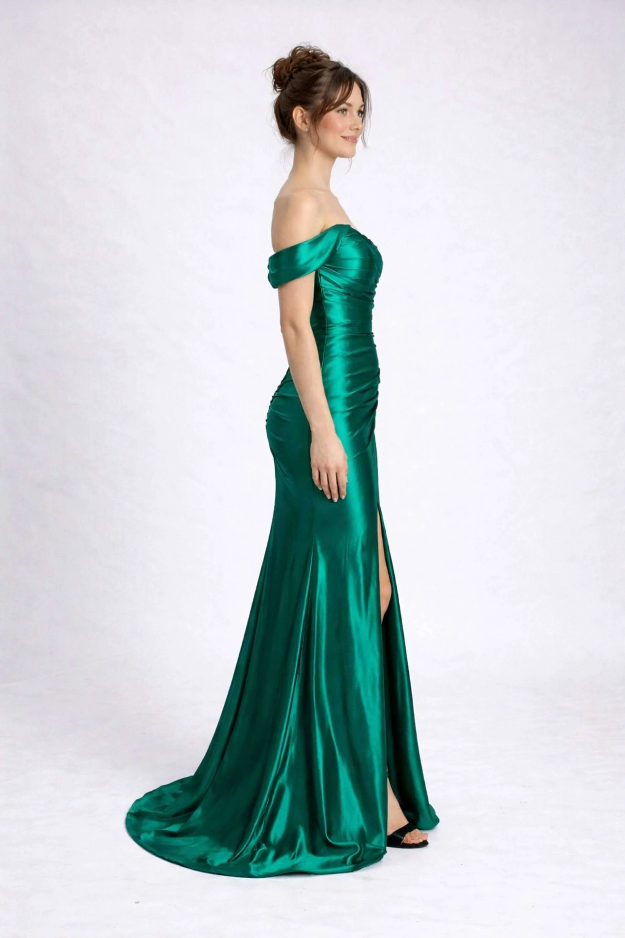 Ruby Green Off-Shoulder Satin Evening Dress by Jessica Stuart - Image 3